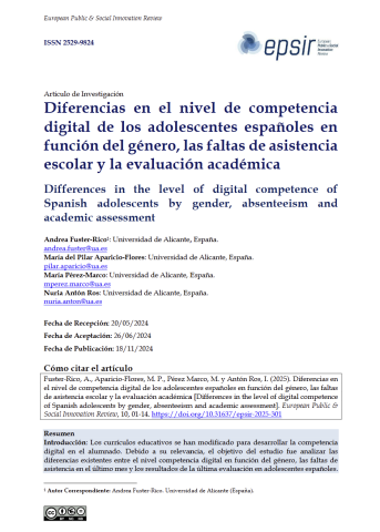 Differences   in   the   level   of   digital   competence   of Spanish   adolescents   by   gender, absenteeism and academic assessment